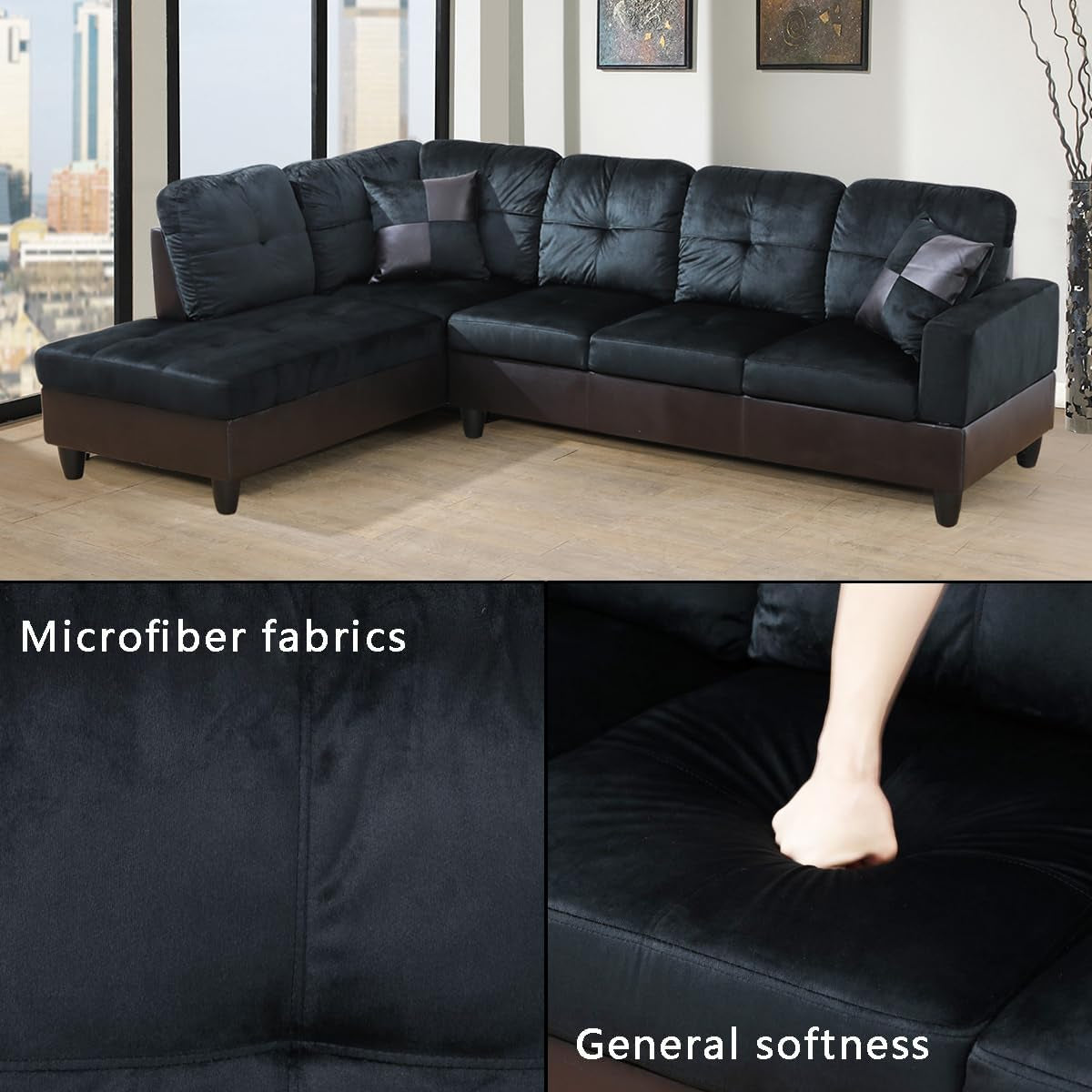 Two Piece L Shape Sectional Sofa Set In Midnight Blue Microfiber With Chaise Left Hand Facing