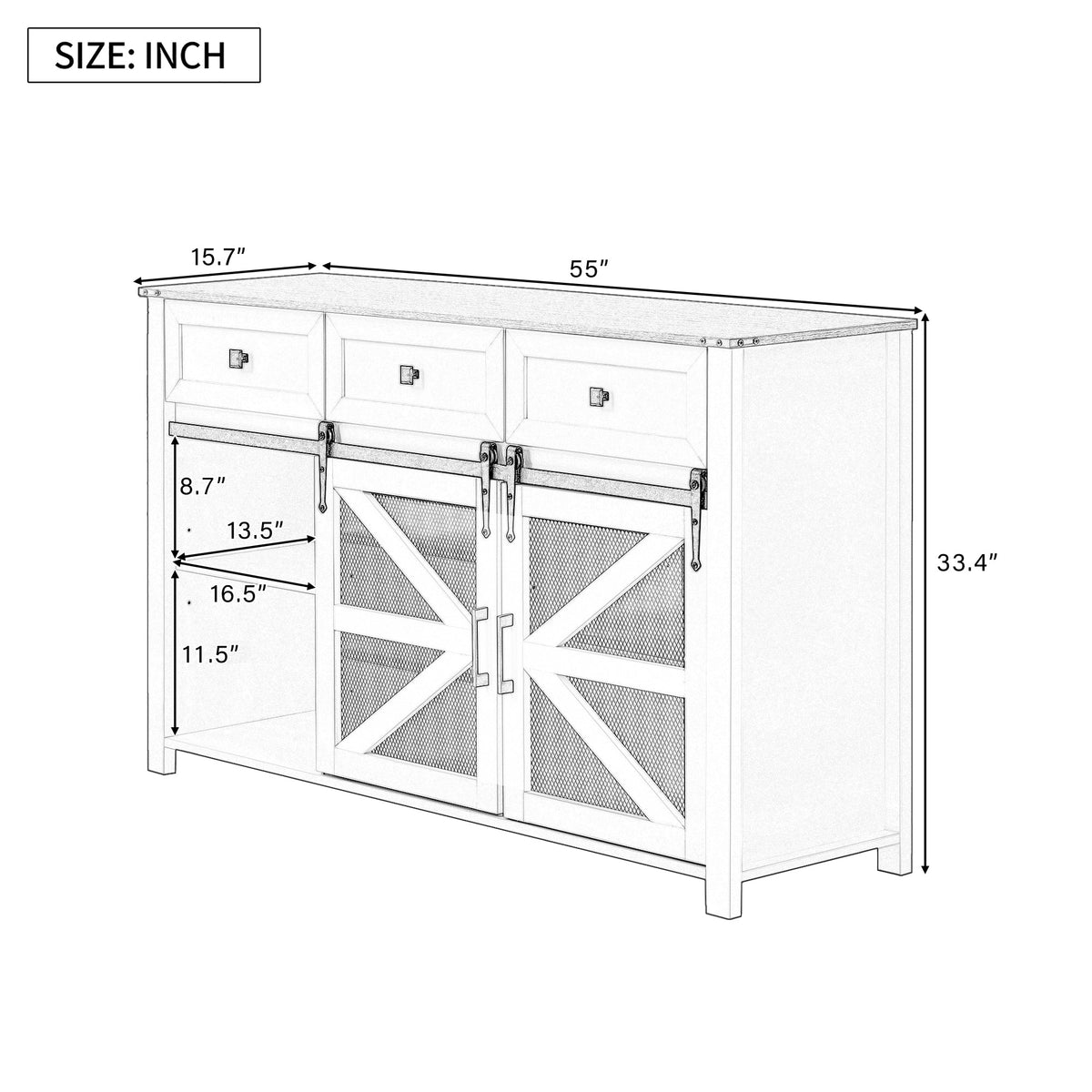 U_Style 55'' Sliding Barn Door Sideboard Buffet Cabinet