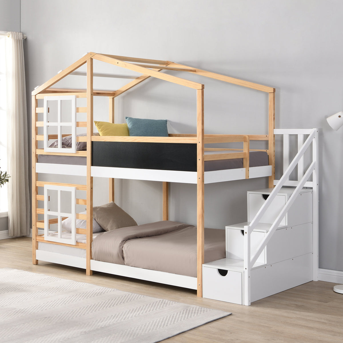 Twin Over Twin Bunk Bed House Bed With Roof Windows
