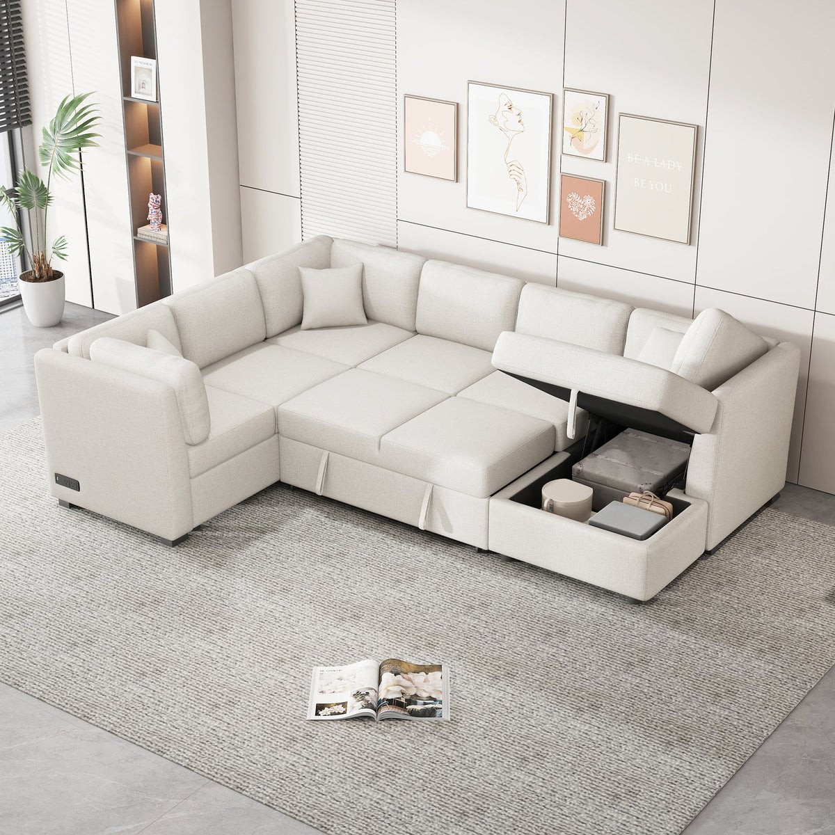 108.6" U-Shaped Sectional Sofa Pull-Out Bed with USB Ports