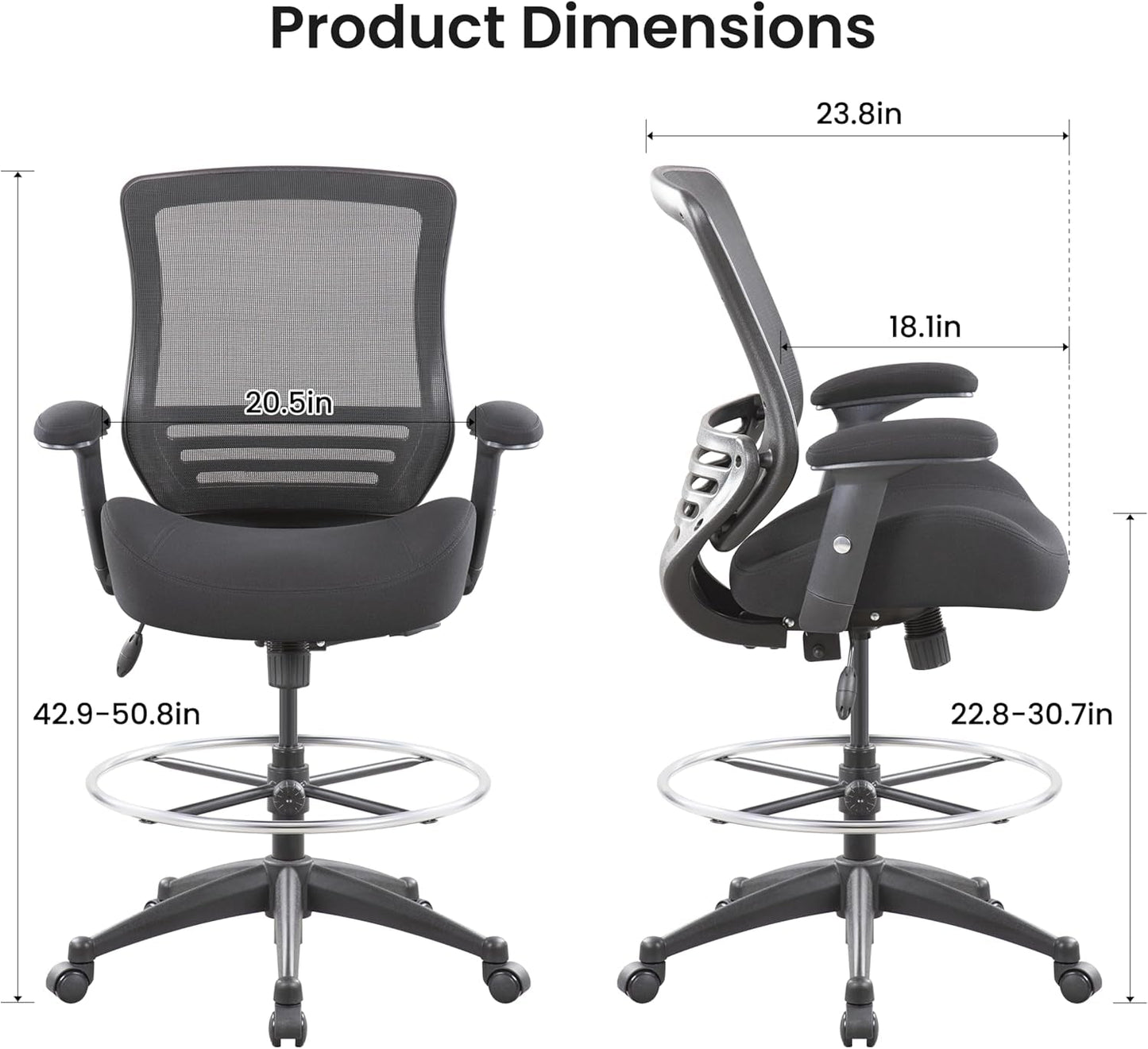 Black Mesh Ergonomic Drafting Chair With Height Adjustable Armrests