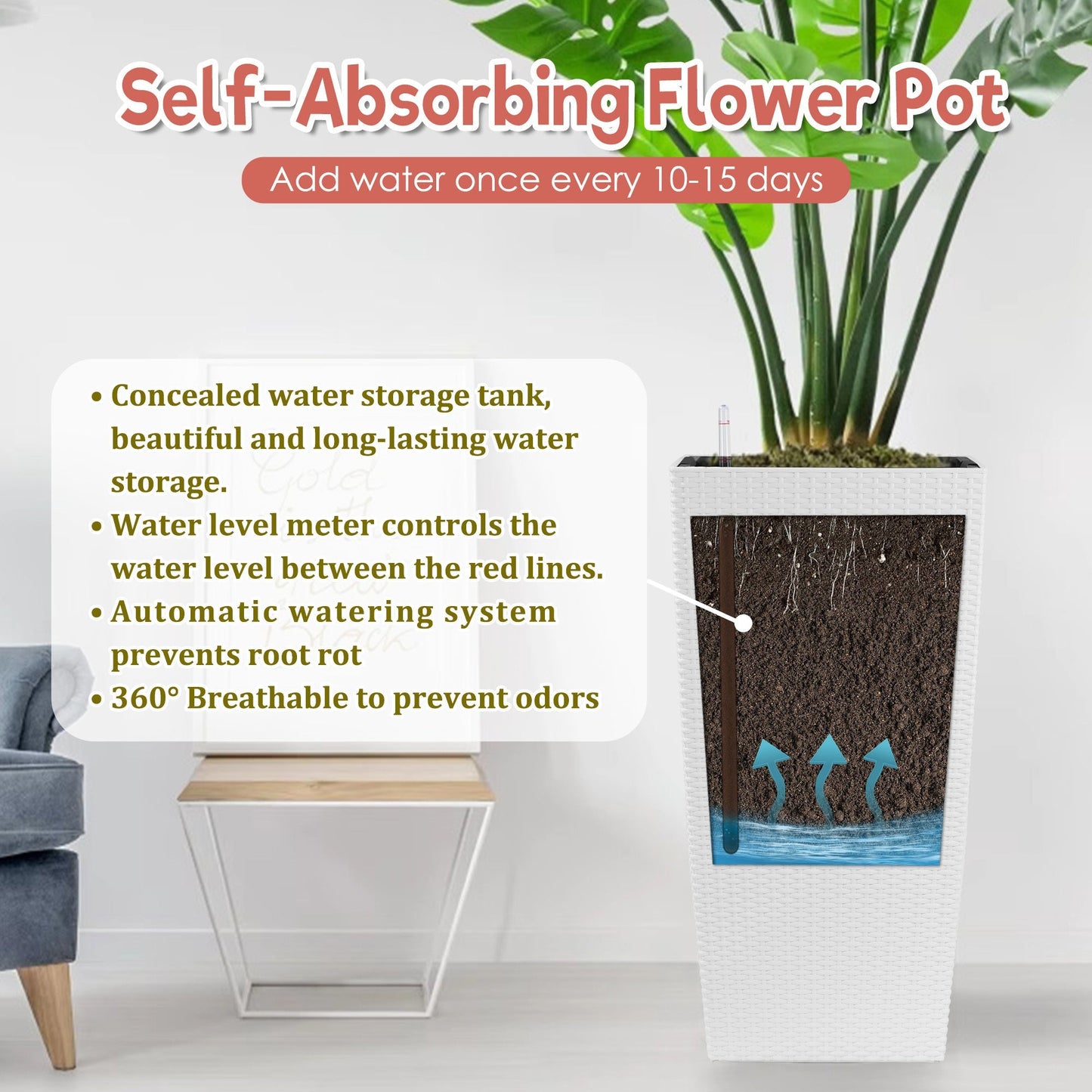 30 in Tall Large Flower Pot Planter with Self-Watering Drainage Holes