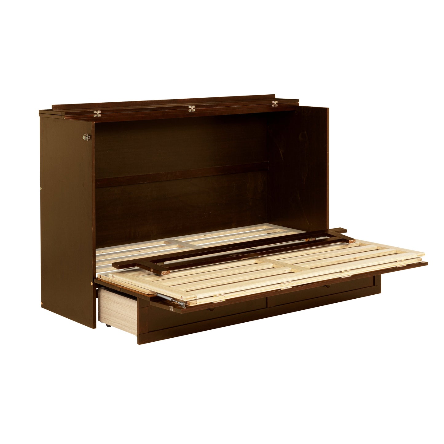 Queen Size Murphy Bed, Pine Wood Cabinet Bed with Rattan Decoration and Storage Drawer,Walnut