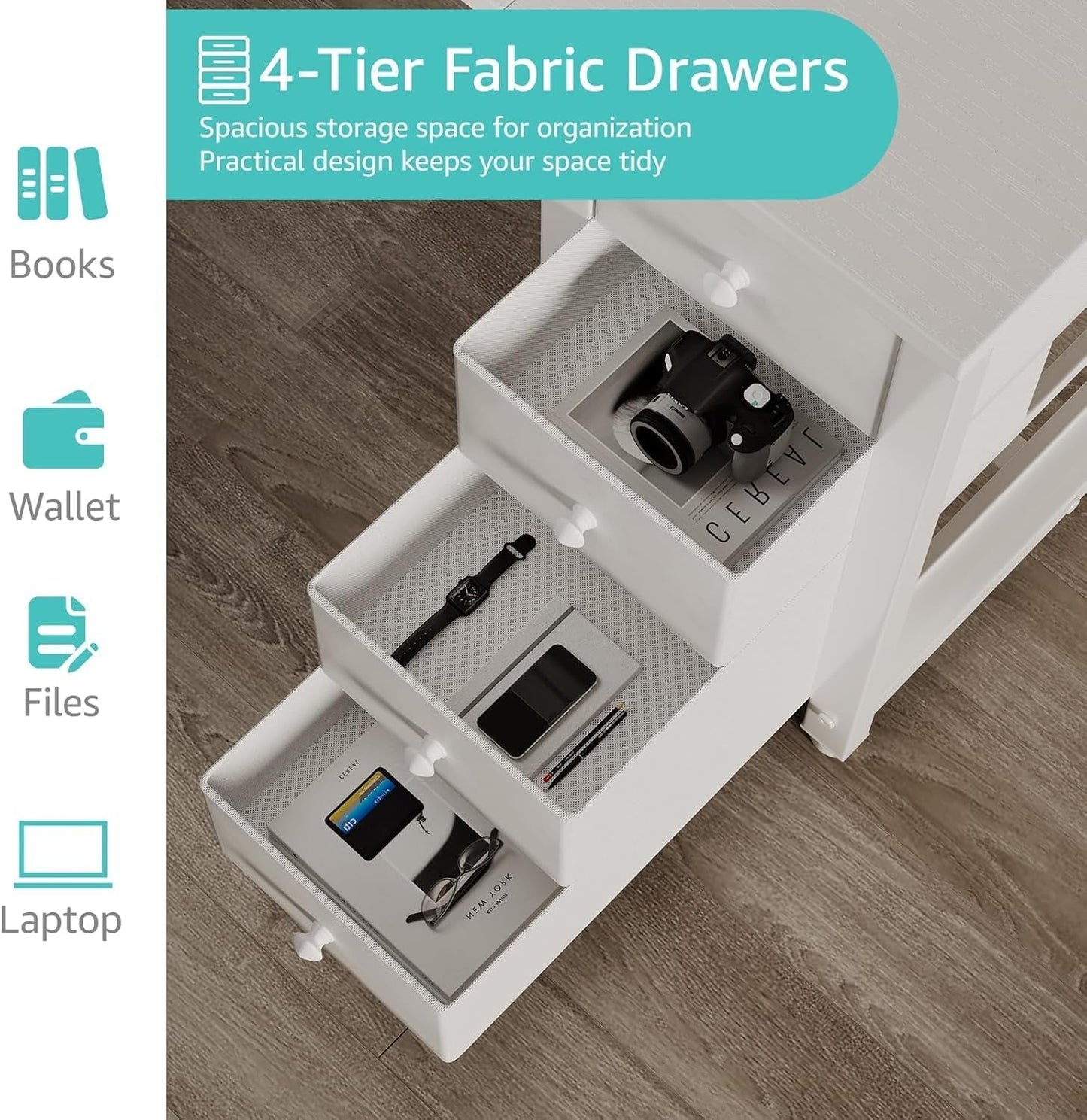 55 Inch White Computer Desk With Fabric Drawers And Storage