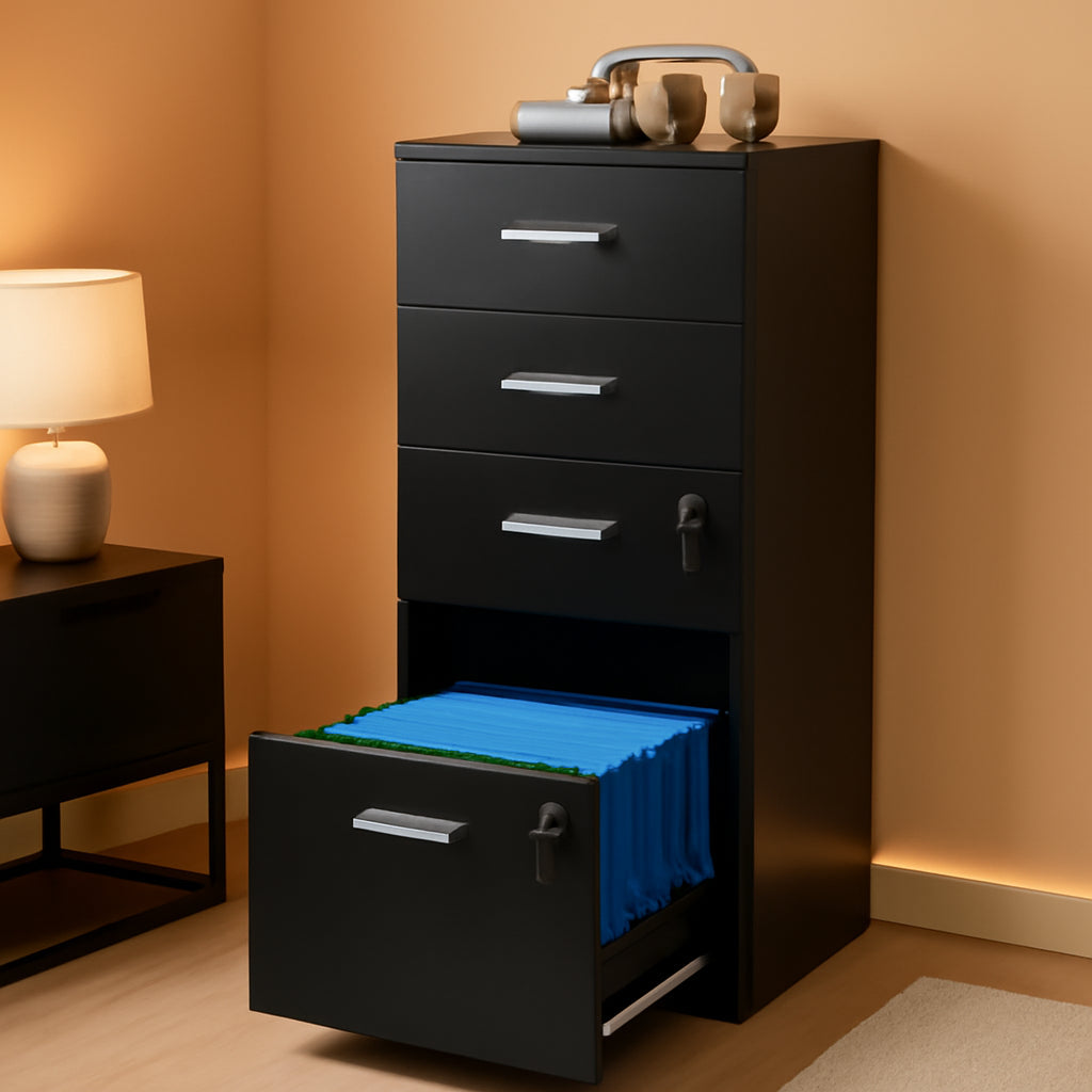 4 Drawer Locking File Cabinet For A4 And Letter Files Black Wood