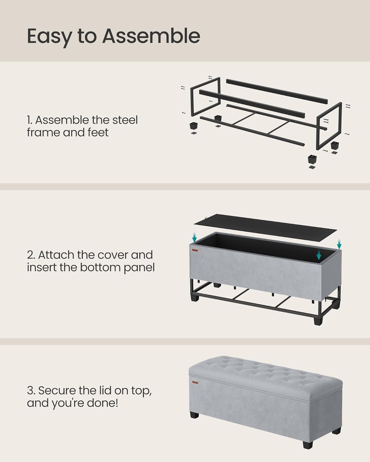 Dove Gray Velvet Storage Ottoman Bench 43 Inches Length