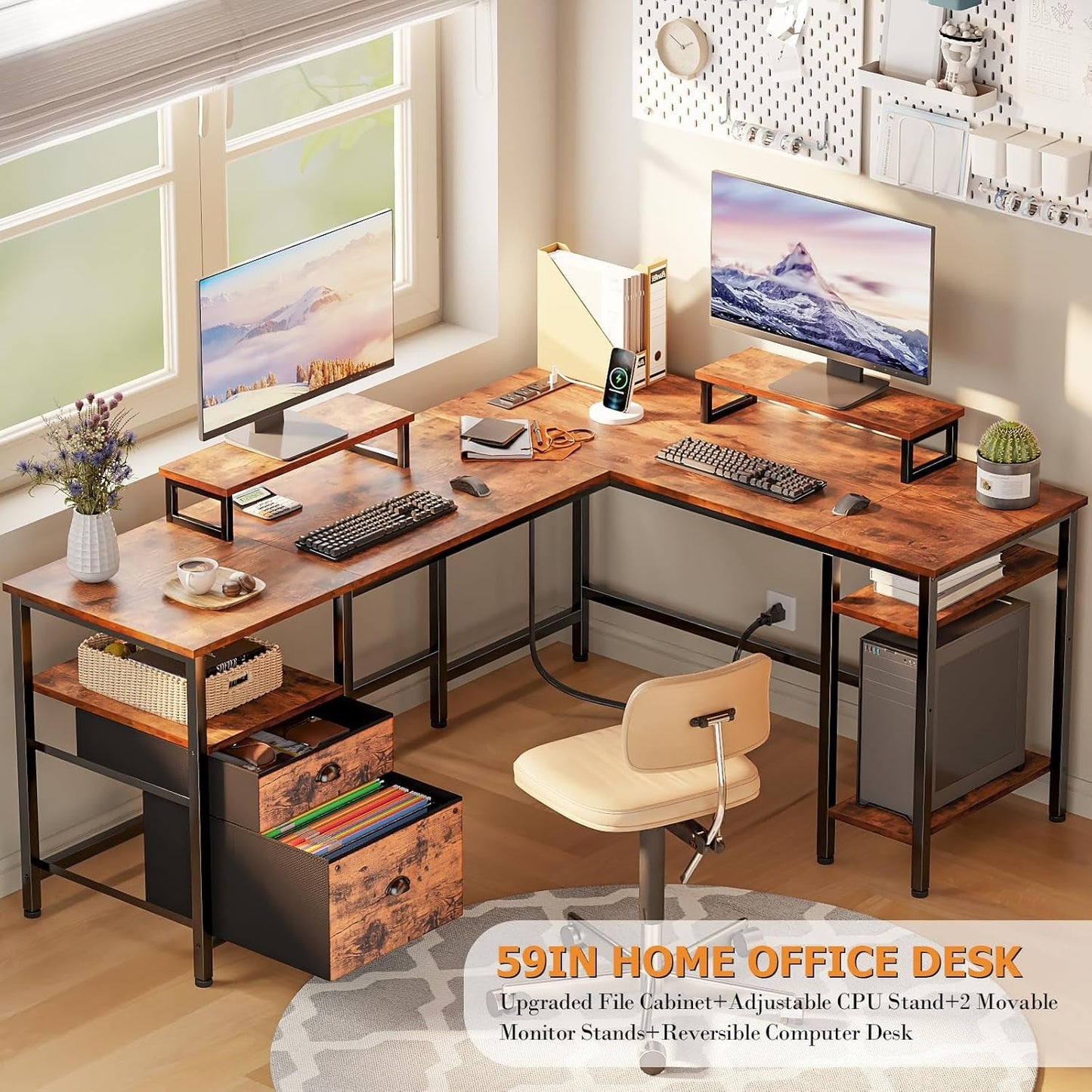 Industrial Grade Ultra Rustic Brown Fifty Nine Inch L Shaped Desk Power Outlet