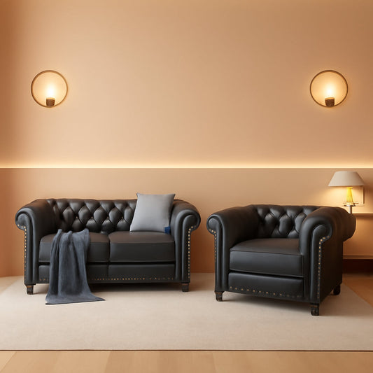 Sectional PU Leather Modular Sofa Couches, Black Tufted Cushions