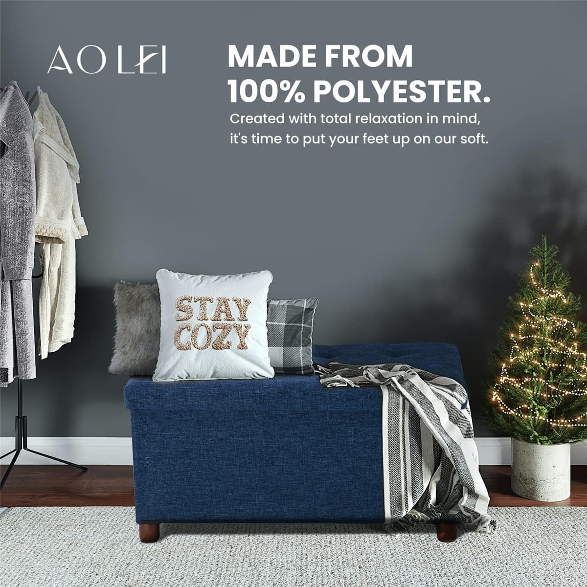 Blue Linen 30-Inch Storage Ottoman Bench Removable Lid
