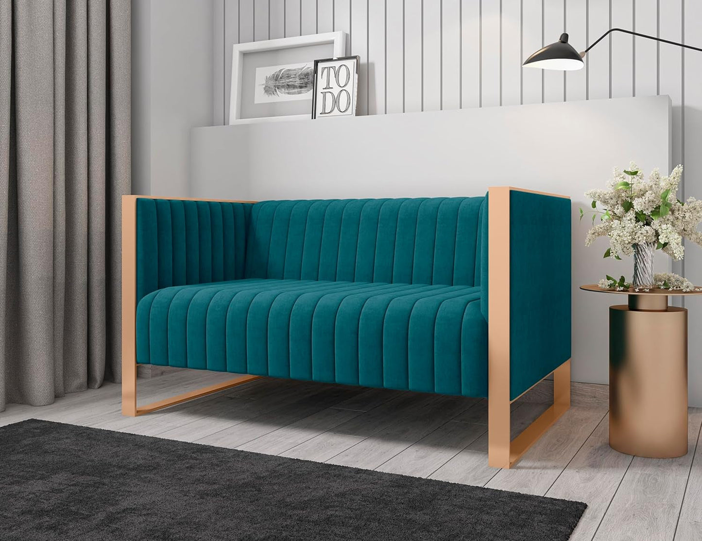 57 Inch Teal Velvet Loveseat For Living Room High Density Foam