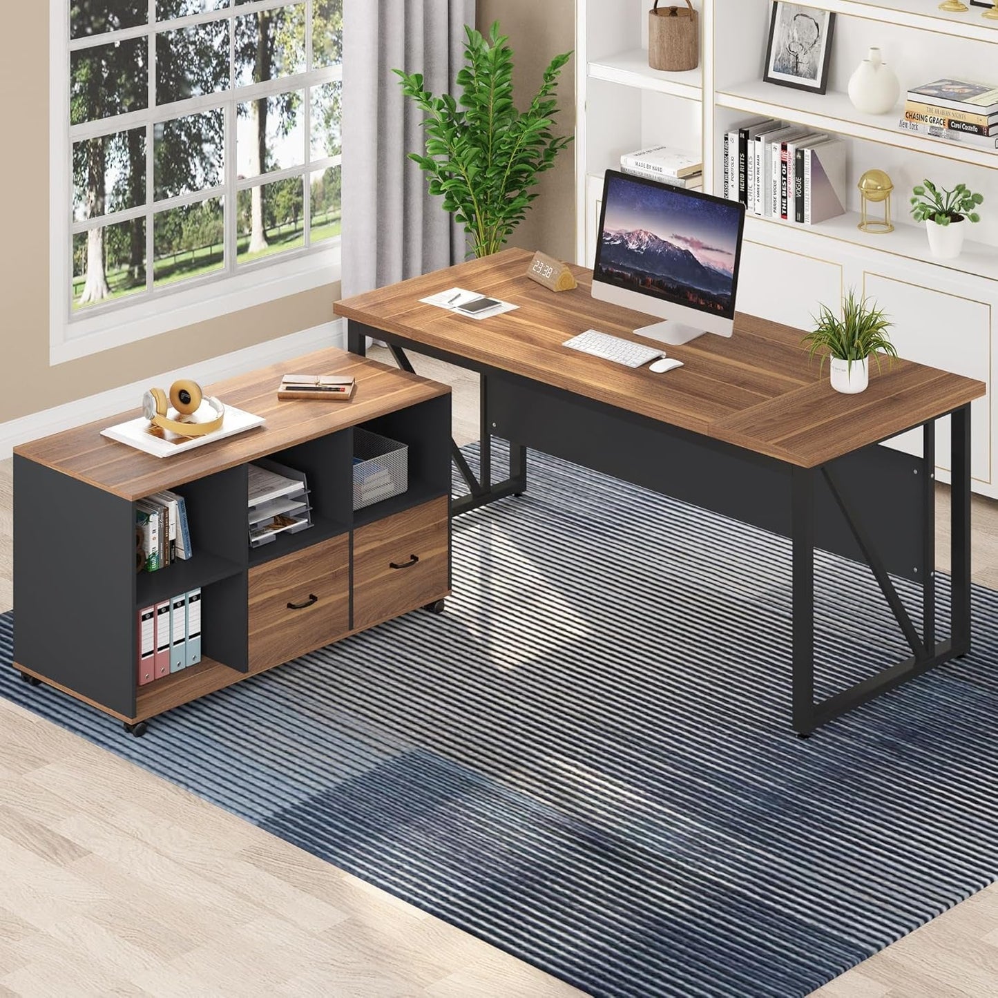 63 Inch L Shaped Desk With 47 Inch File Cabinet Brown Black