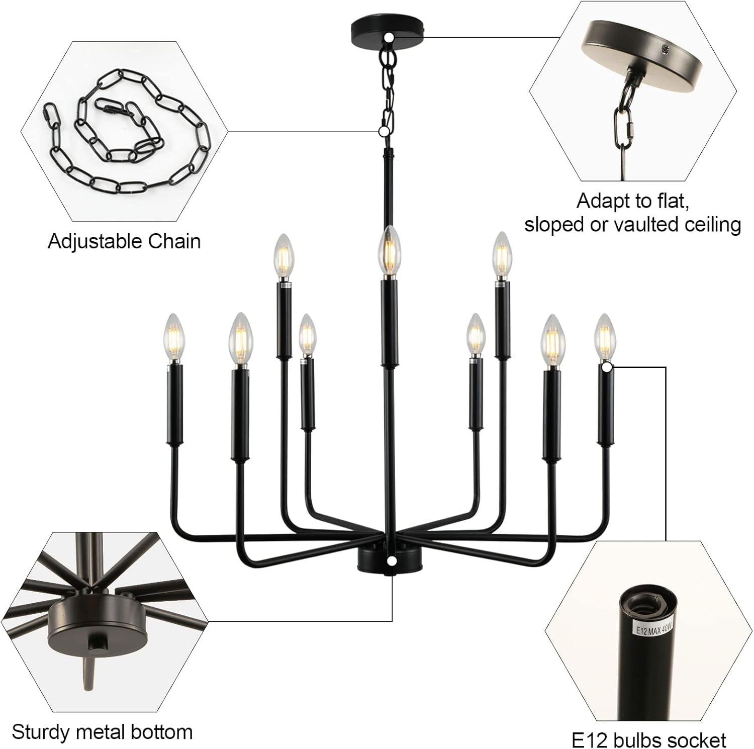 Black Farmhouse Chandelier 9 Light Dining Room Rustic with adjustable chain and sturdy metal design.