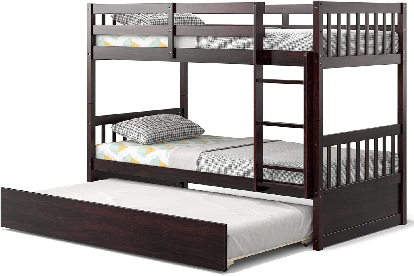 Twin Over Twin Bunk Bed With Trundle In Espresso Solid Wood