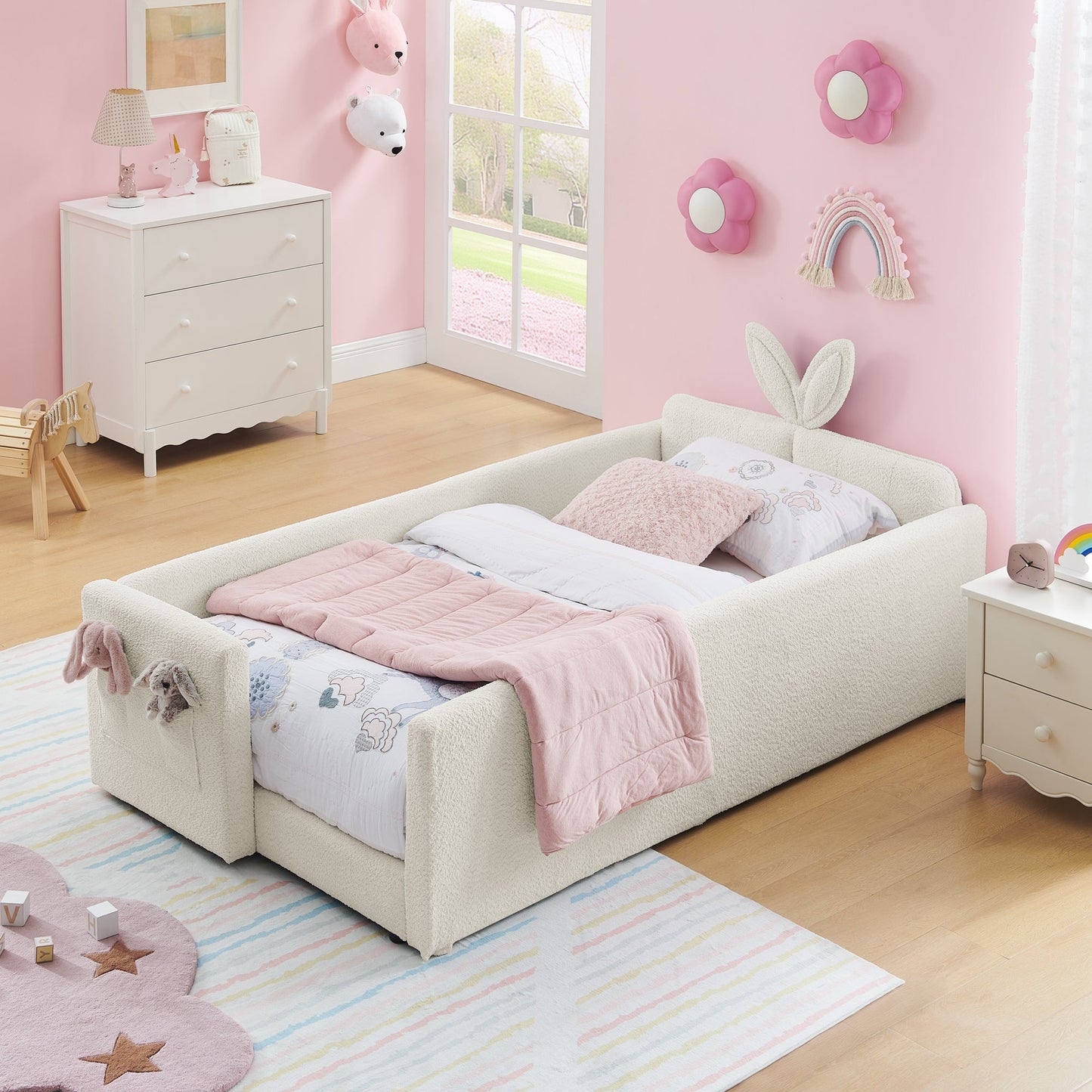 Twin Size Upholstered Platform Bed with Rabbit Ear Headboard