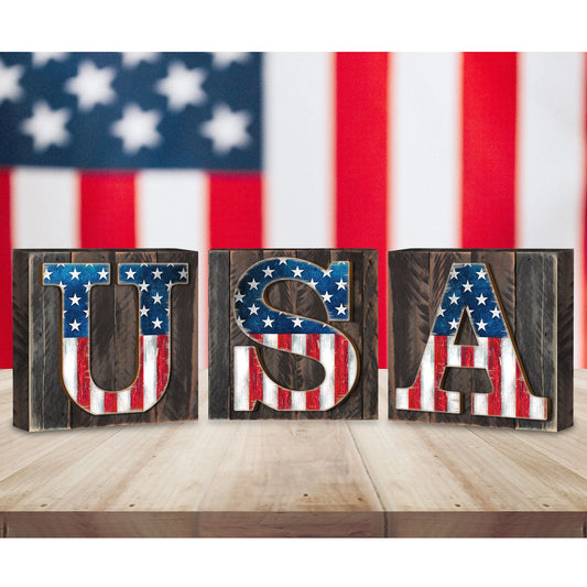 American Patriotic USA Letters Set of 3 Wall Block - American Patriotic Decor - 8185302-2B-S3