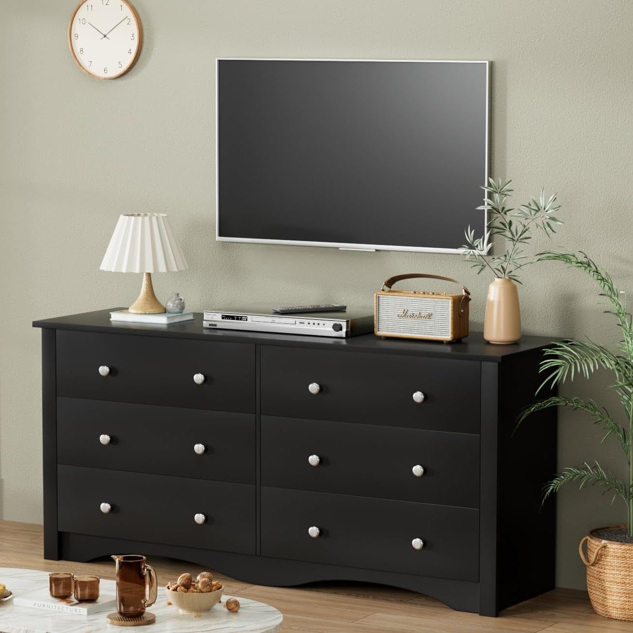 Black Dresser With 6 Drawers And TV Stand Storage Chest