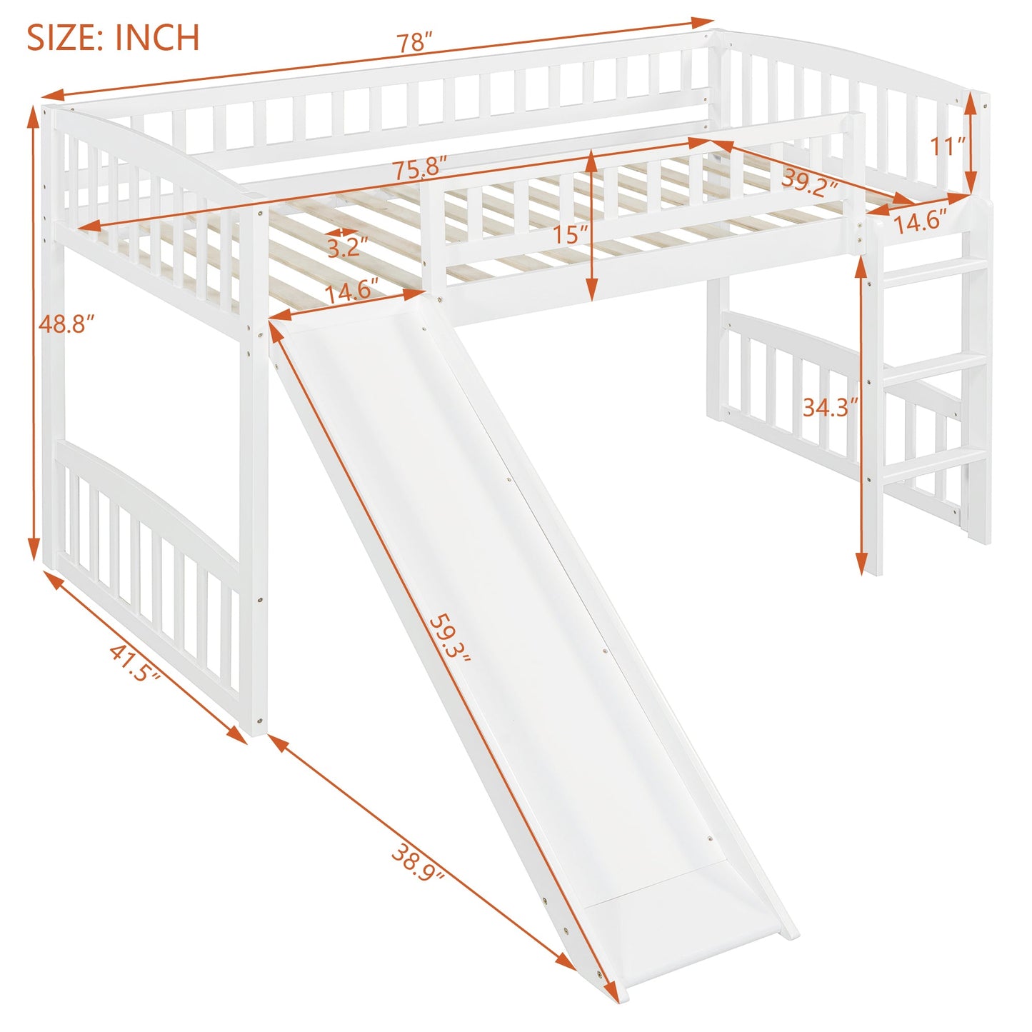 Twin Size Loft Bed With Slide And Ladder - White