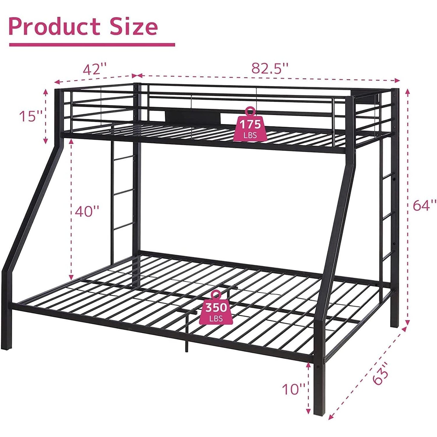 Twin XL Queen Bunk Bed In Sandy Black Finish Metal Slats