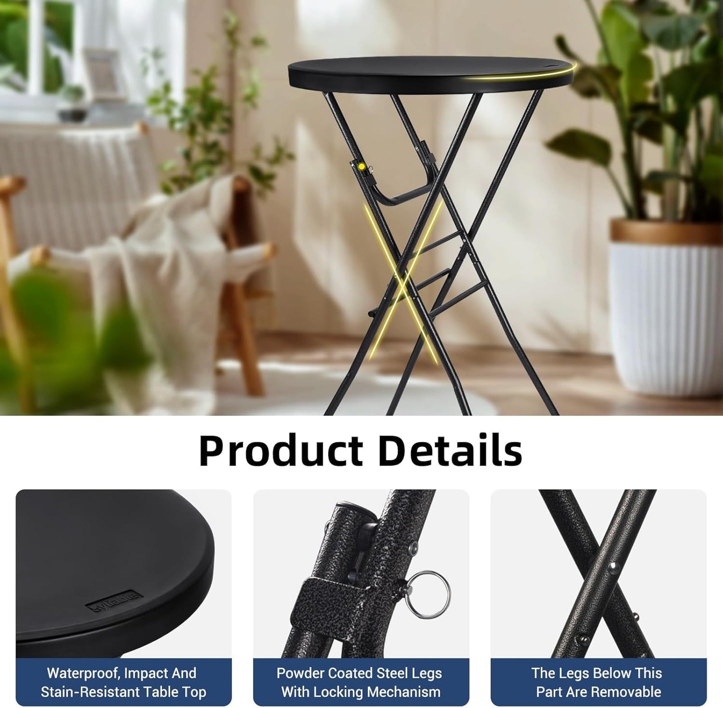 Black Twenty-Eight Inch High Top Foldable Removable Locking Legs Cocktail Table