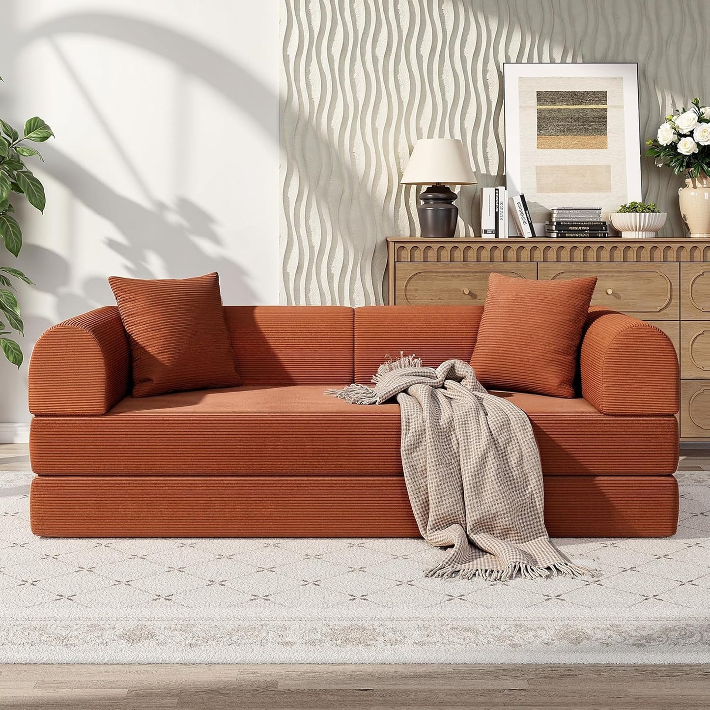 79 Inch Convertible Sofa Bed Orange Corduroy Pillows