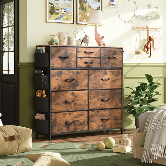 Dresser With 10 Drawers In Rustic Brown Wood Grain Finish