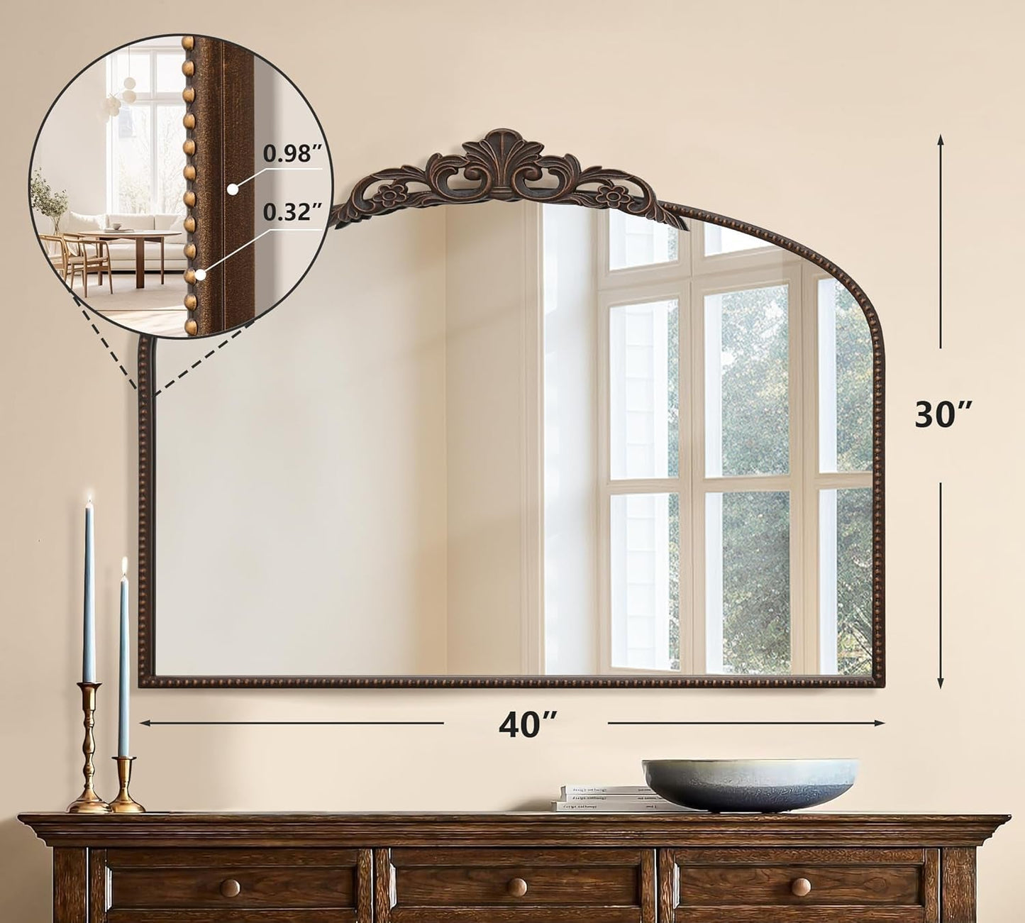 Bronze Vintage Baroque Mirror 40 By 30 Inch Arch Wall Mount