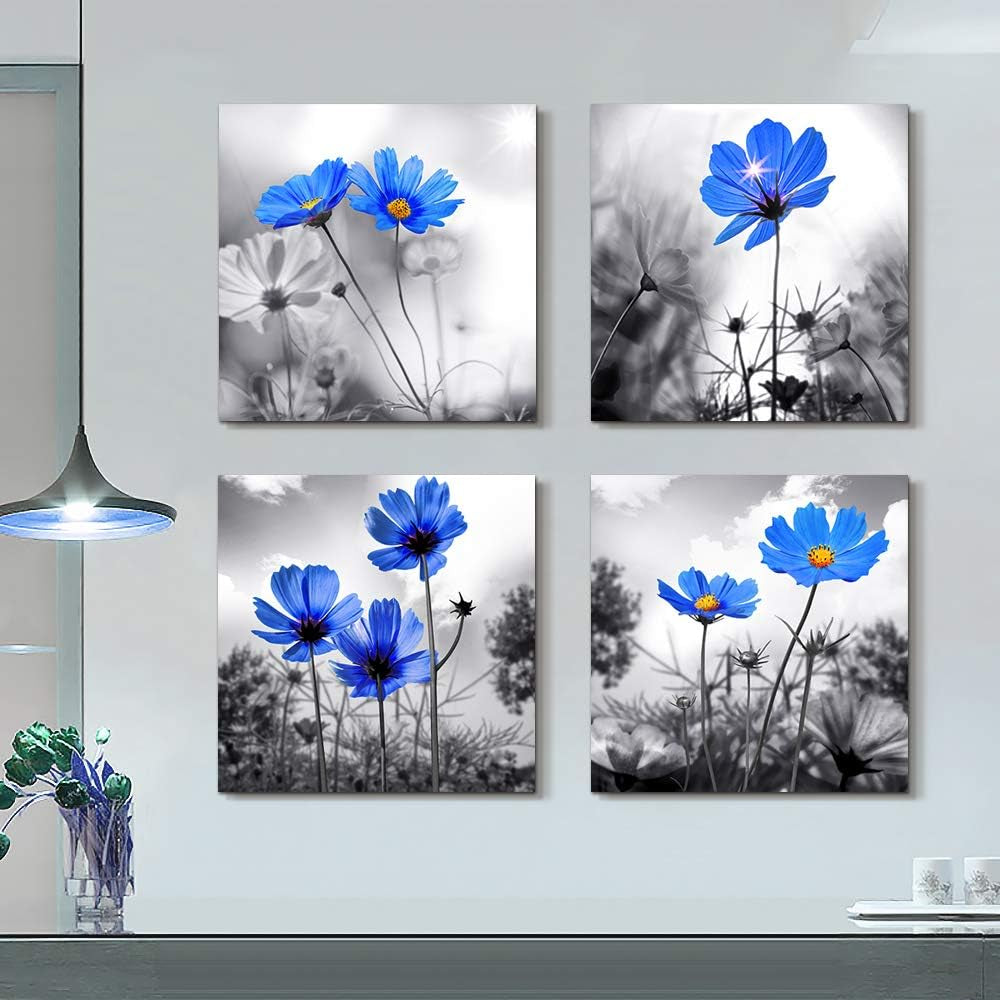 Modern Black and White Plant Art: 4-Panel Floral Canvas for Chic Living Room Decor