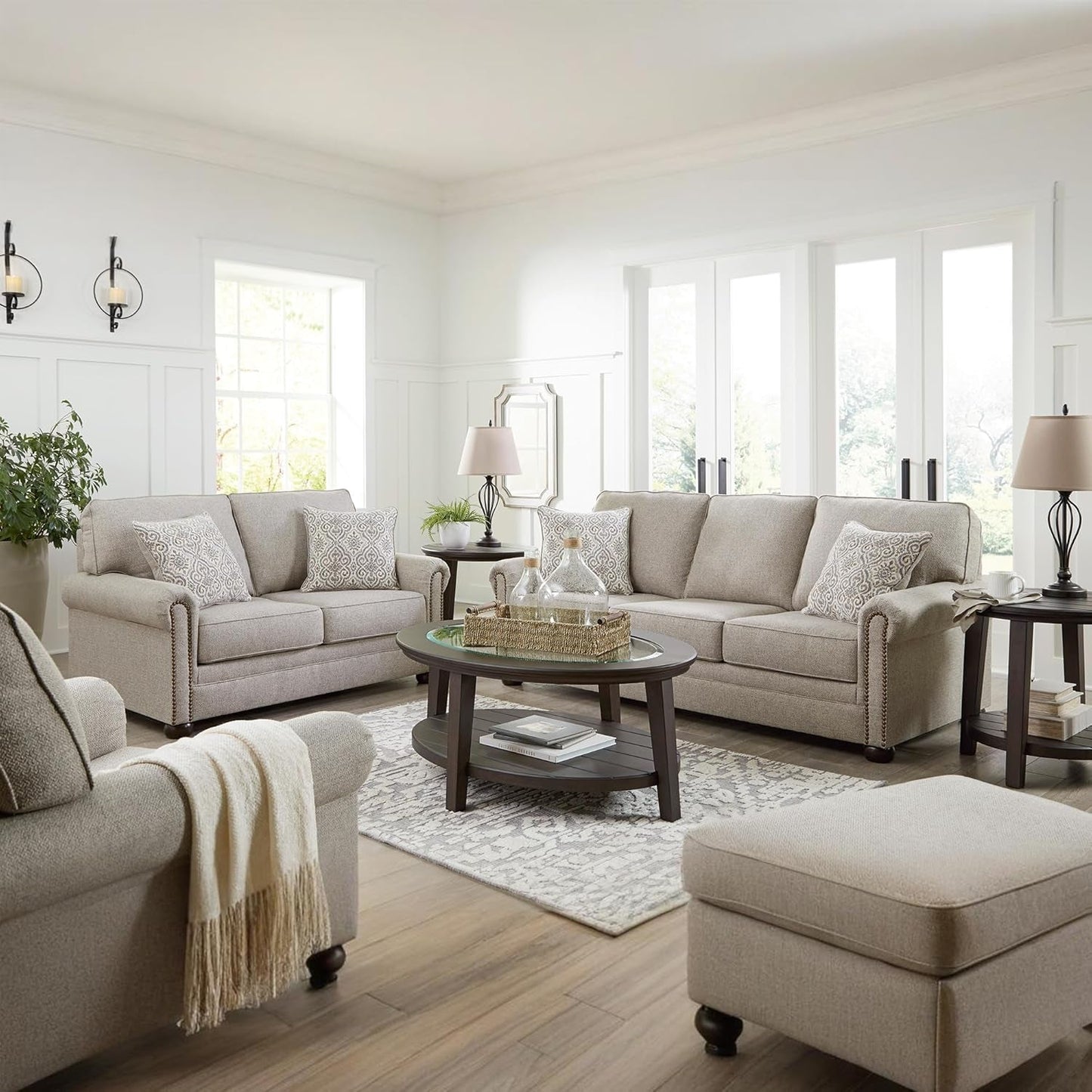Rectangular Upholstered Ottoman Light Brown Bun Legs