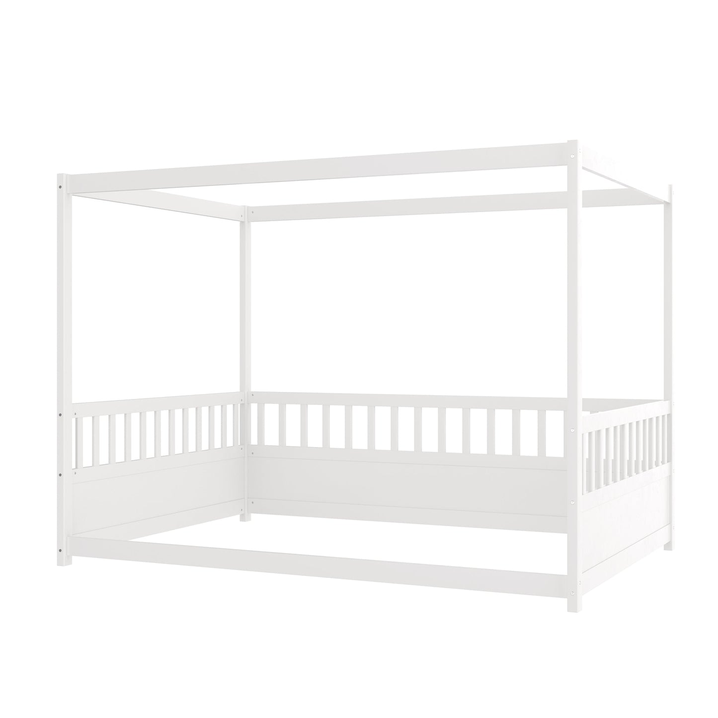 Full Size Canopy Bed Frame with Guardrails for Kids,Floor Bed Full with Four Poster Design,Kids Montessori Floor Bed,Wood Canopy Bed Frame for Girls,Boys(Full,White)