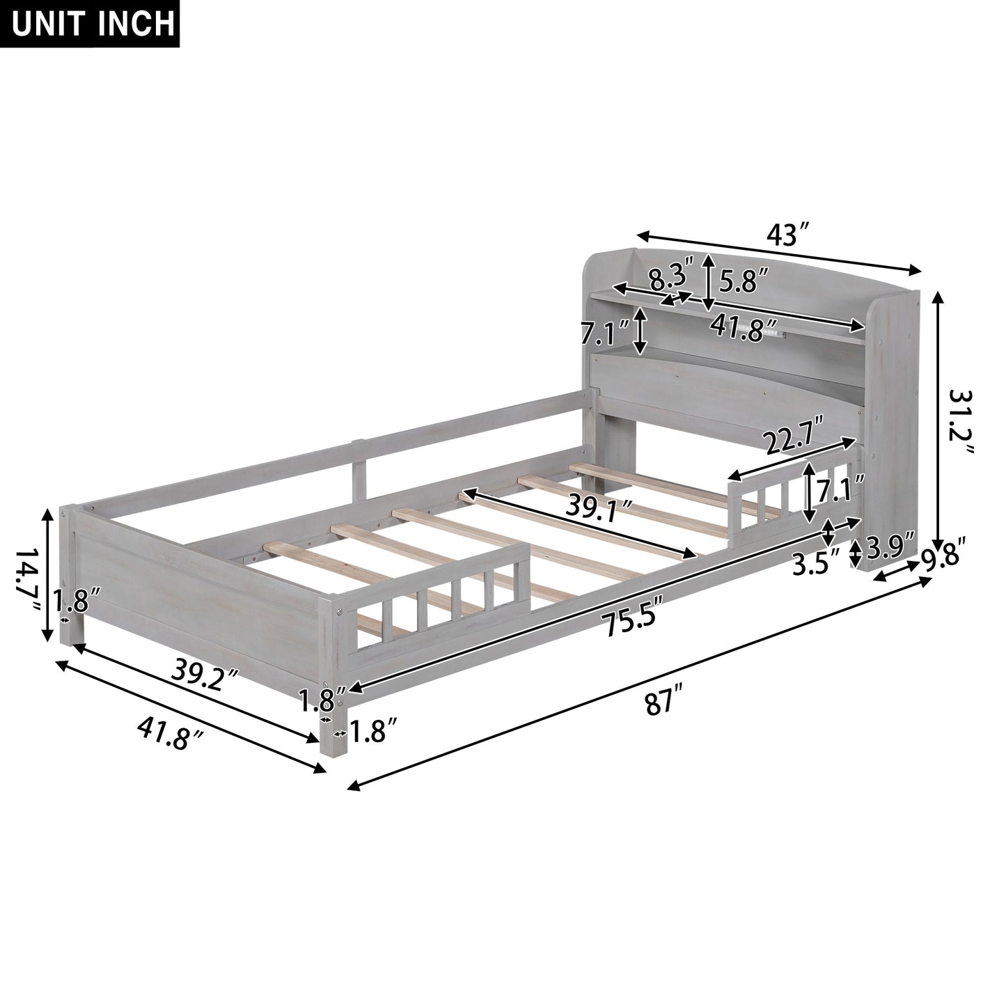 Wood Twin Size Platform Bed with Built-in LED Light, Storage Headboard and Guardrail, Antique