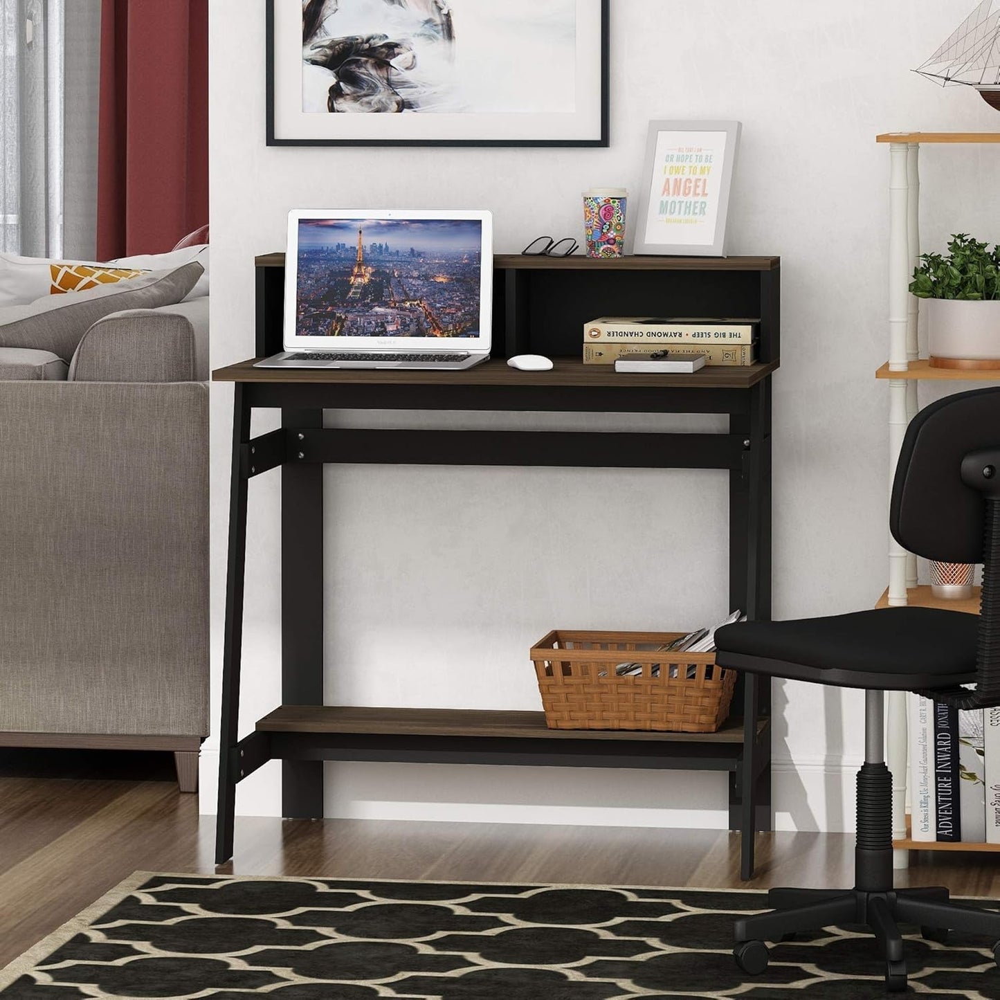 A Frame Computer Desk with Hutch Storage in Columbia Walnut