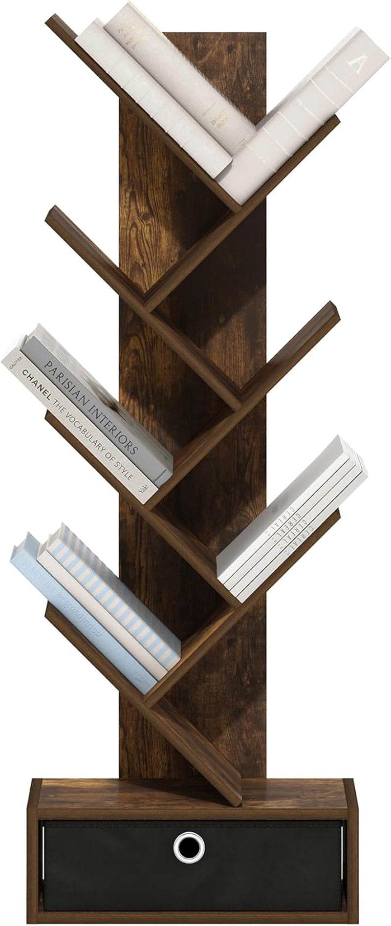 Tree Bookshelf 7 Tier Floor Standing Bookcase Amber Pine Black