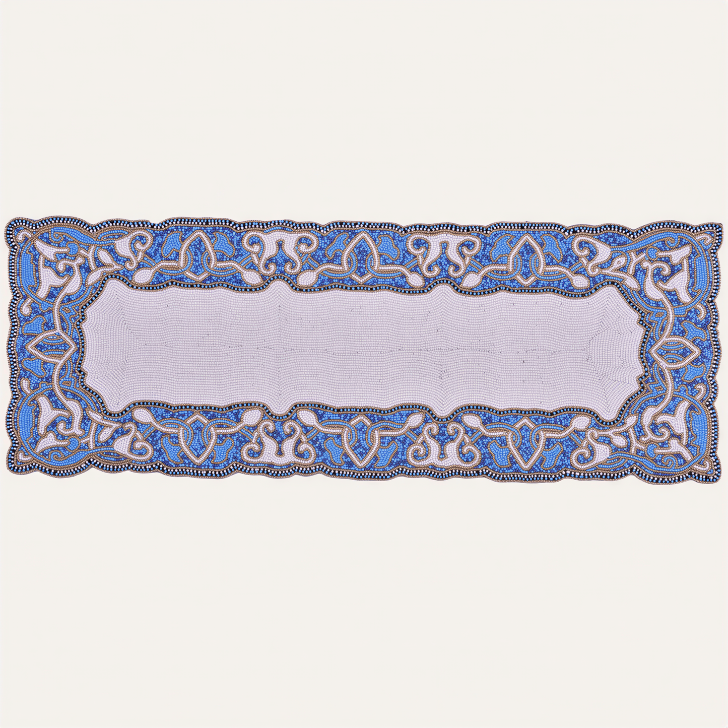 Beaded Table Runner - White Blue Satin Backing, Scratch Resistant Dining Decor