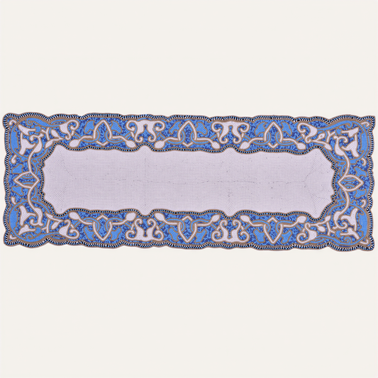 Beaded Table Runner - White Blue Satin Backing, Scratch Resistant Dining Decor