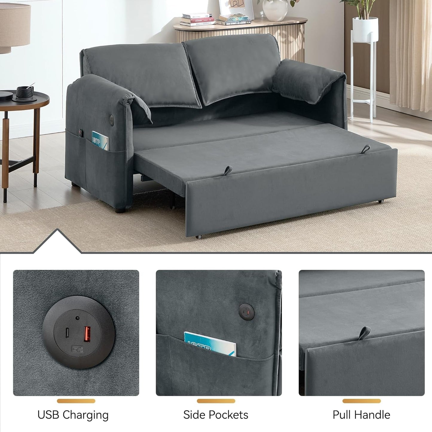 Sixty ThreeInch Pullout Velvet SofaBed Premium Edition