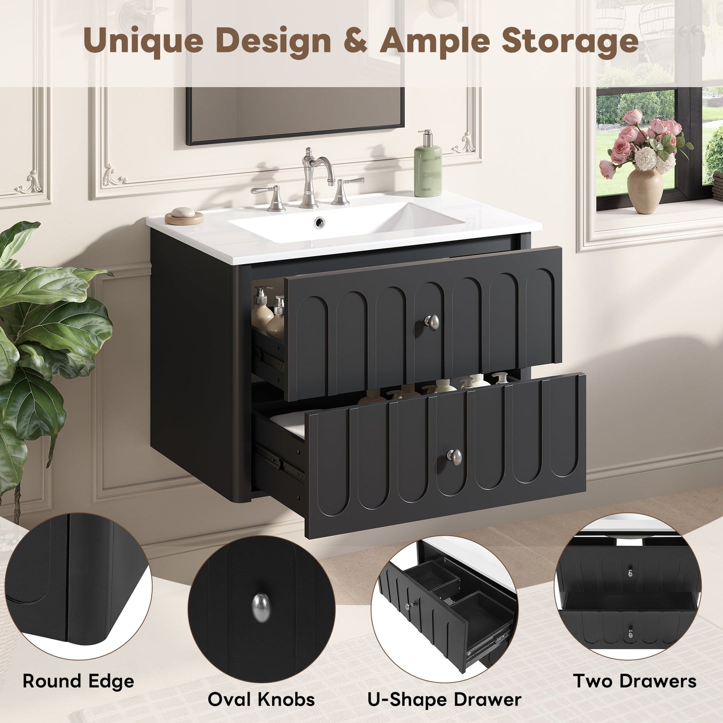 30" Modern Floating Bathroom Vanity with Oval Knobs