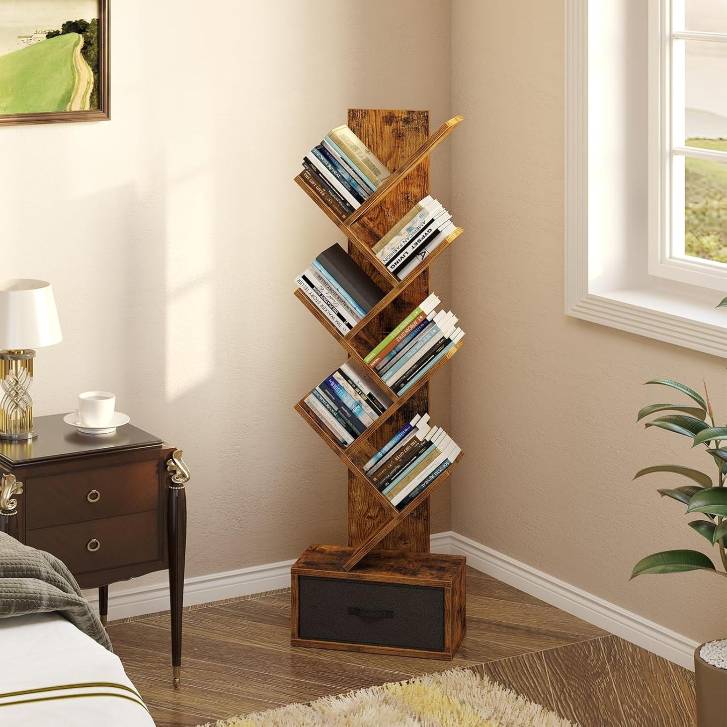 Rustic Brown 7 Shelf Tree Bookshelf With Drawer Living Room