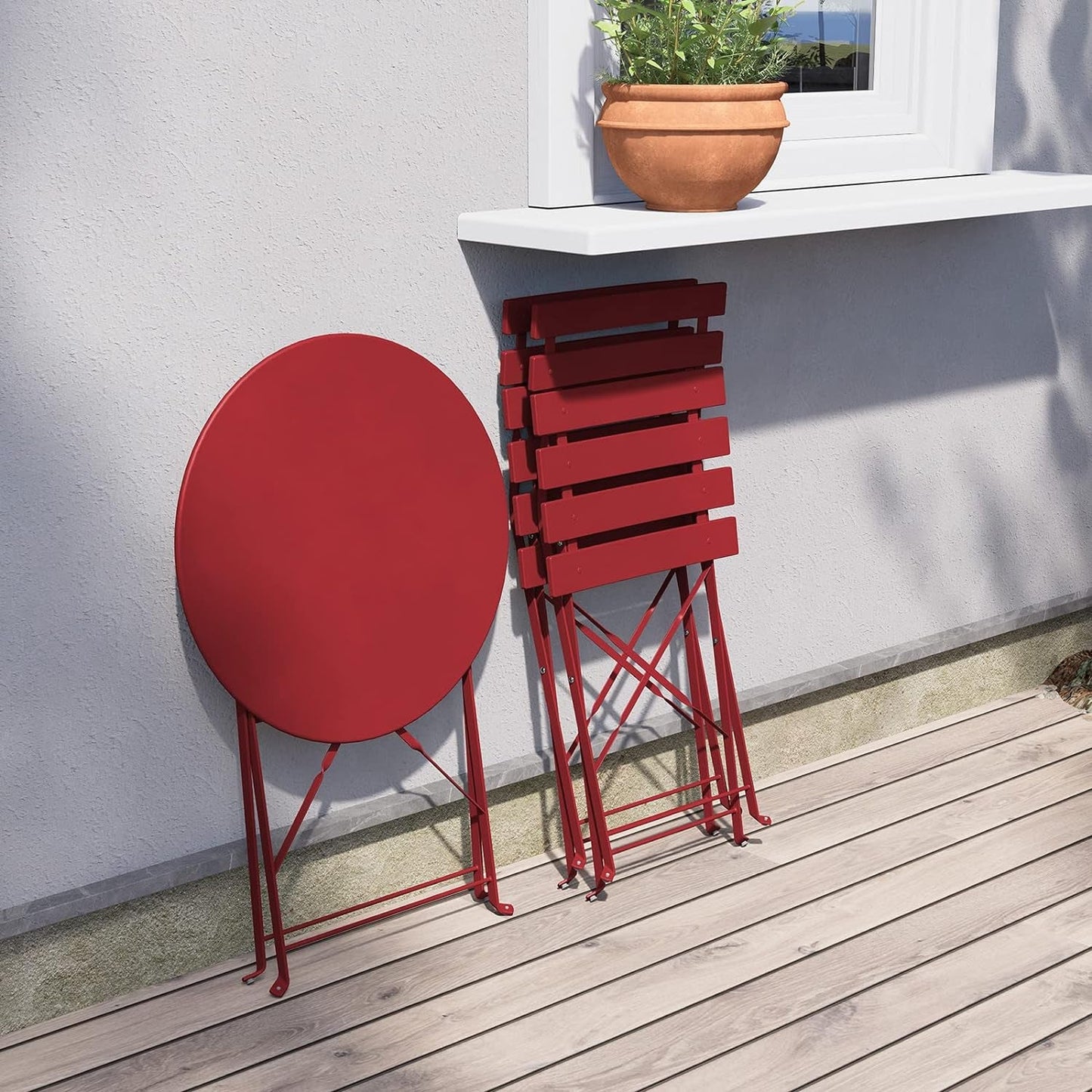 3-Piece Folding Outdoor Bistro Set Red Cushioned Seats