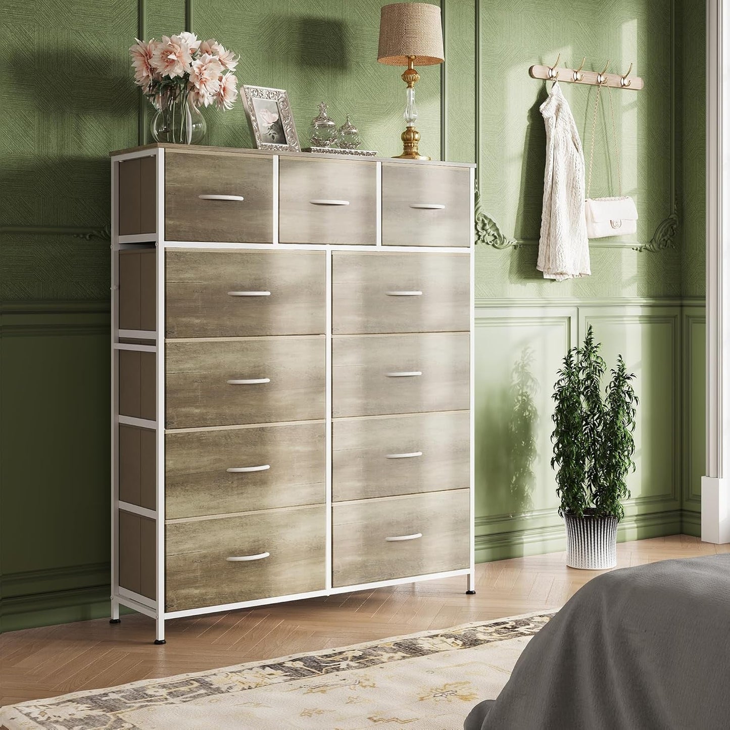 Tall Fabric Dresser Storage Tower 11 Drawer Greige Bedroom