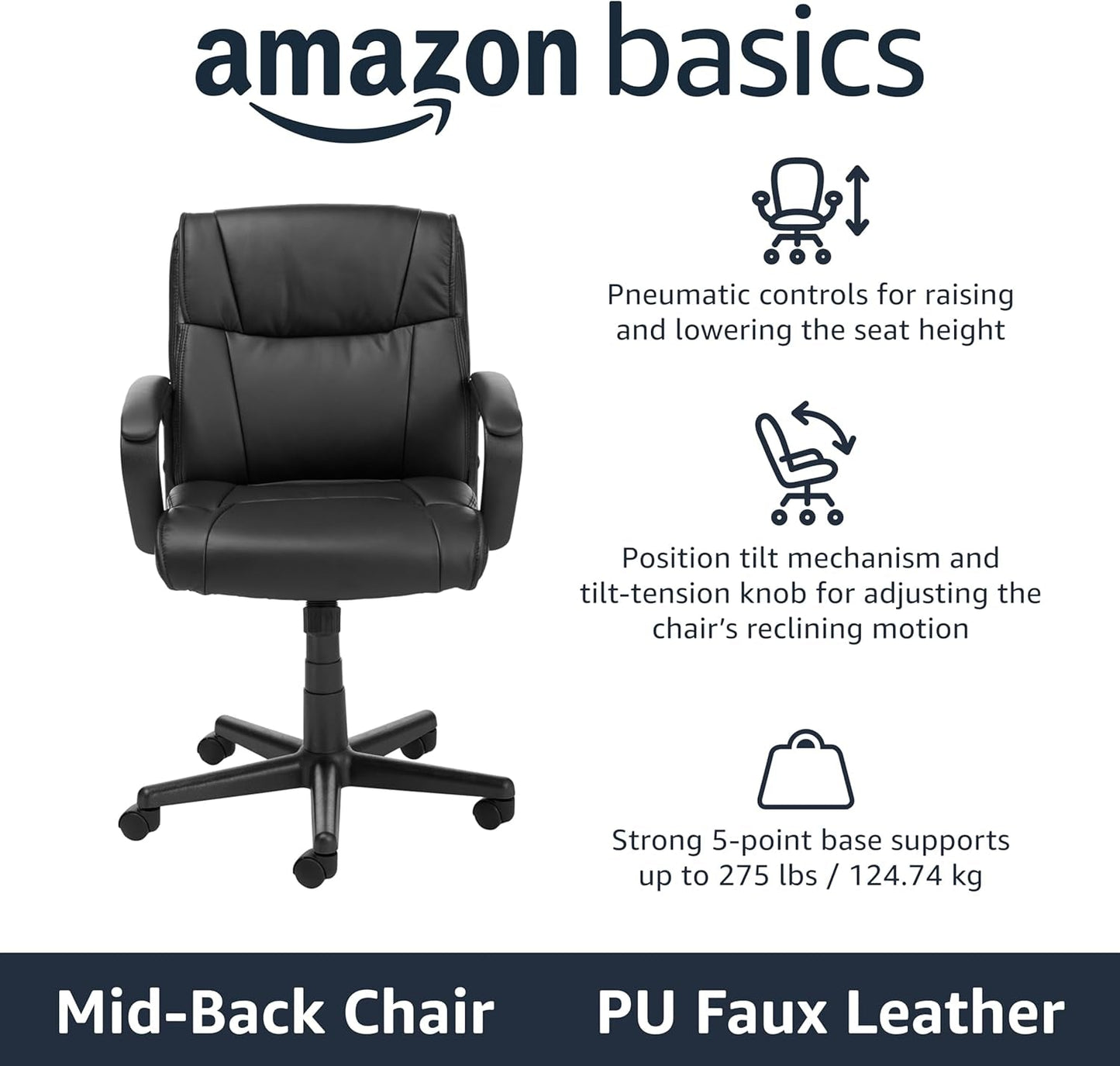 Black Office Chair With Padded Armrests Height Adjustable