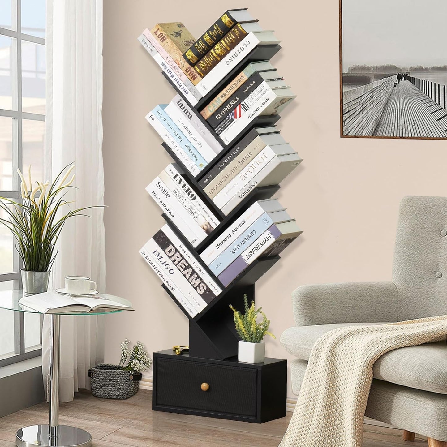 8 Tier Tree Bookshelf Drawer Freestanding Black Bookcase