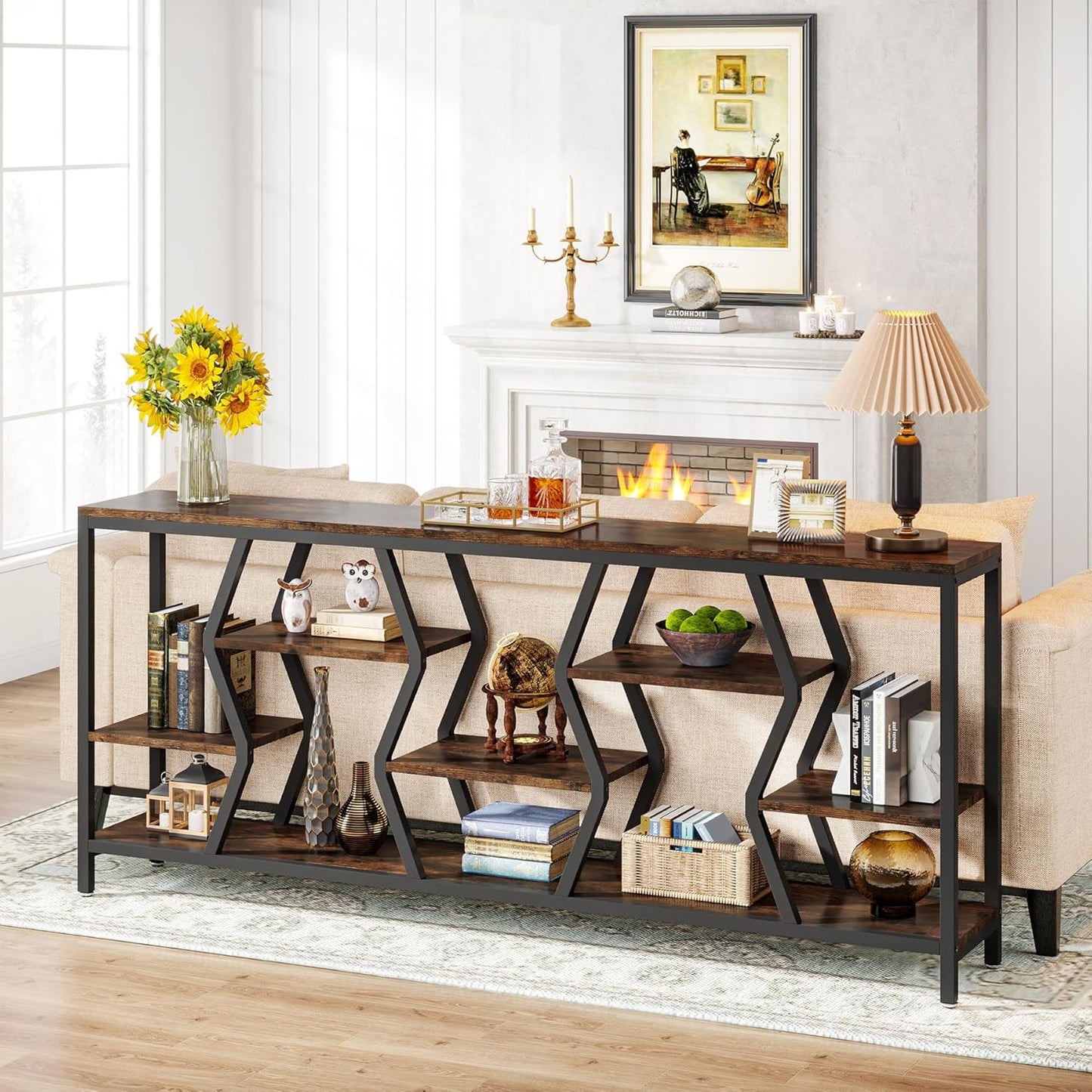 70.9 Inches Sofa Console Table with 4 Tier Wood Storage Shelves