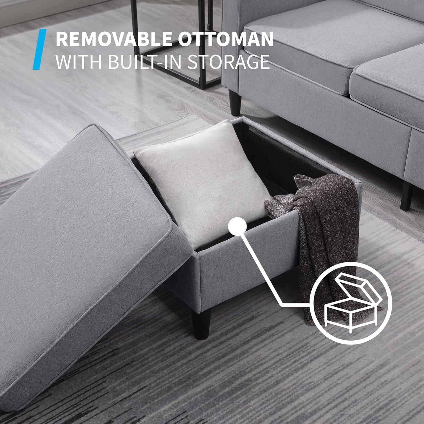 Light Grey Convertible Sofa Set With Storage Ottoman