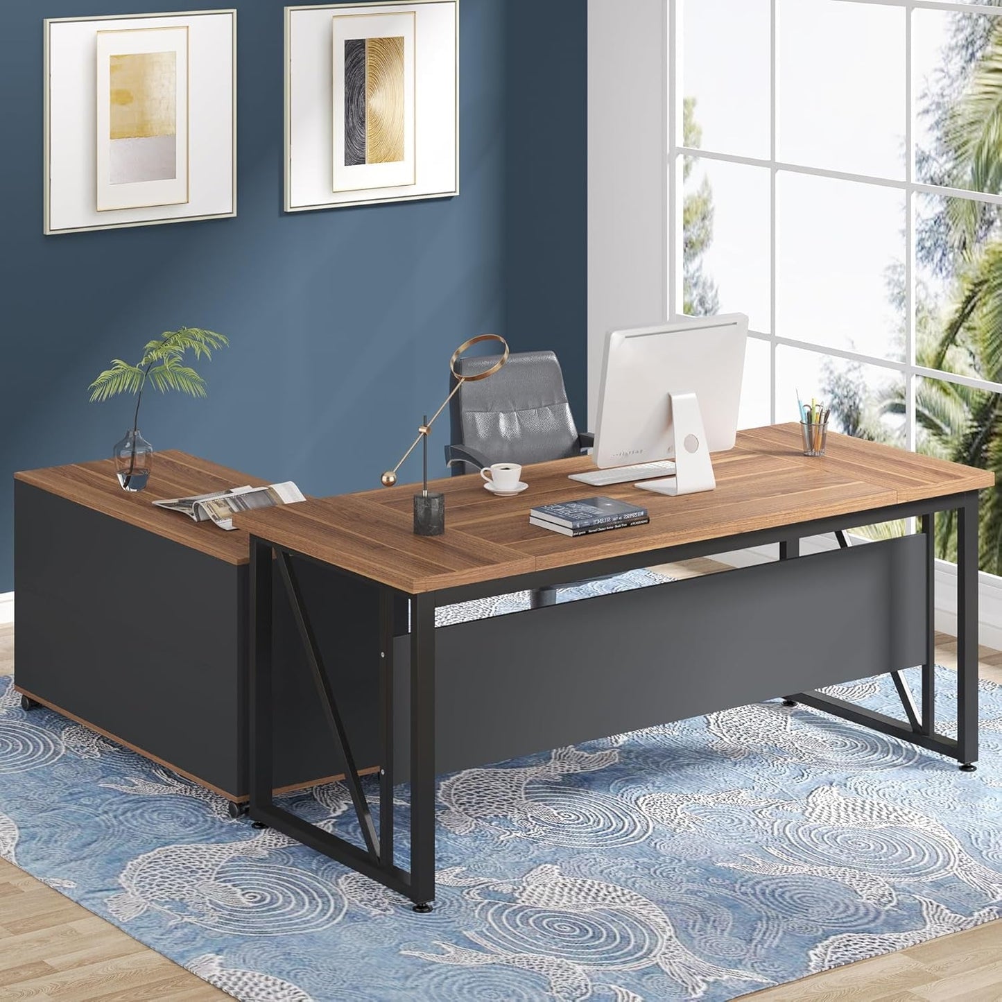 63 Inch L Shaped Desk With 47 Inch File Cabinet Brown Black