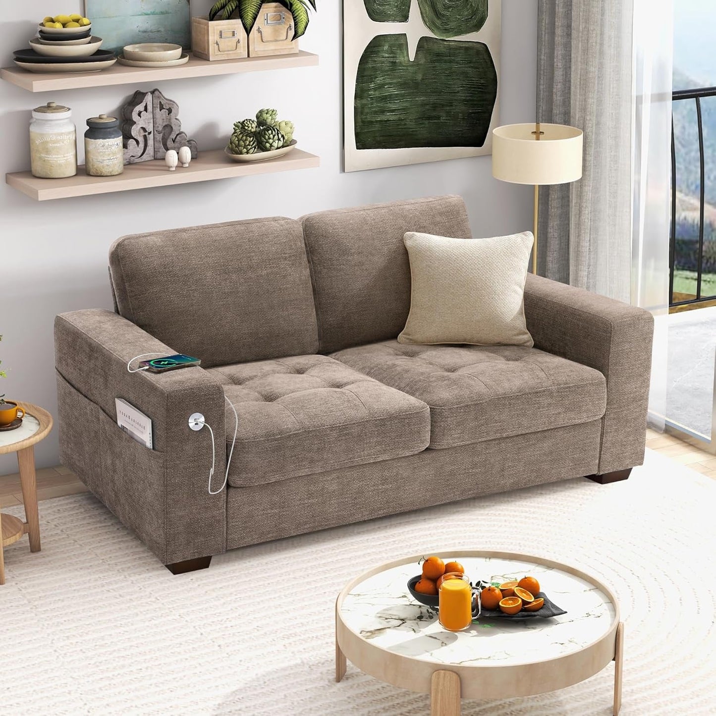 70 Inch Gray Chenille Loveseat With USB C Ports And Plush Cushions