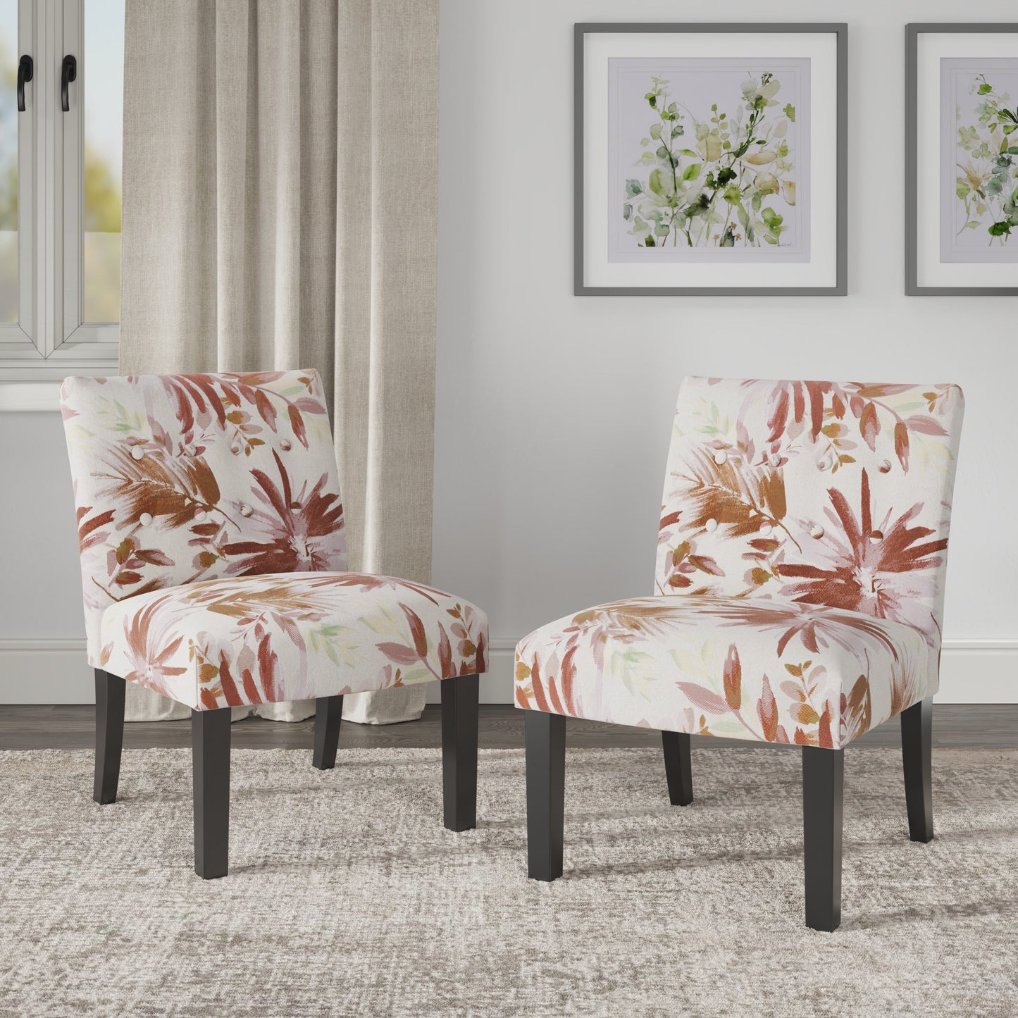 Red Floral Accent Chairs, Set of Two