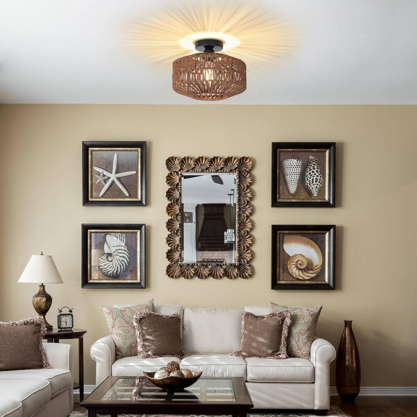 Dark Brown Hand Woven Rattan Ceiling Light With Dimmable LED illuminating a stylish living room decor.
