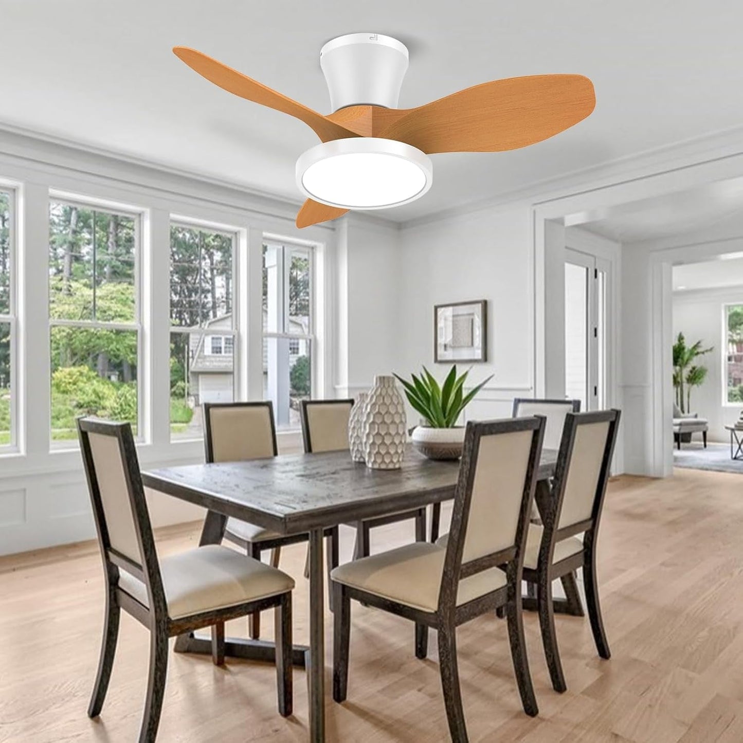 Quiet 32 Inch Ceiling Fan With LED Light Energy Efficient in a modern dining room setting.