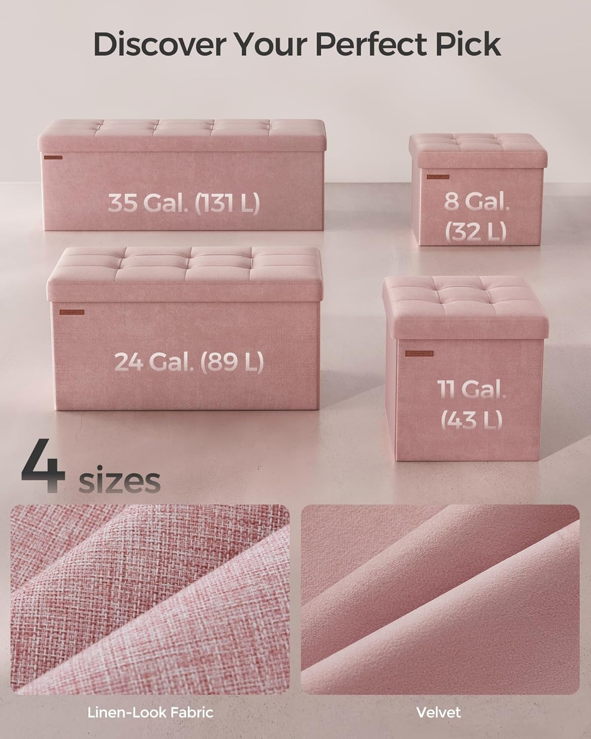 Pink Foldable Storage Ottoman Bench 15x30x15