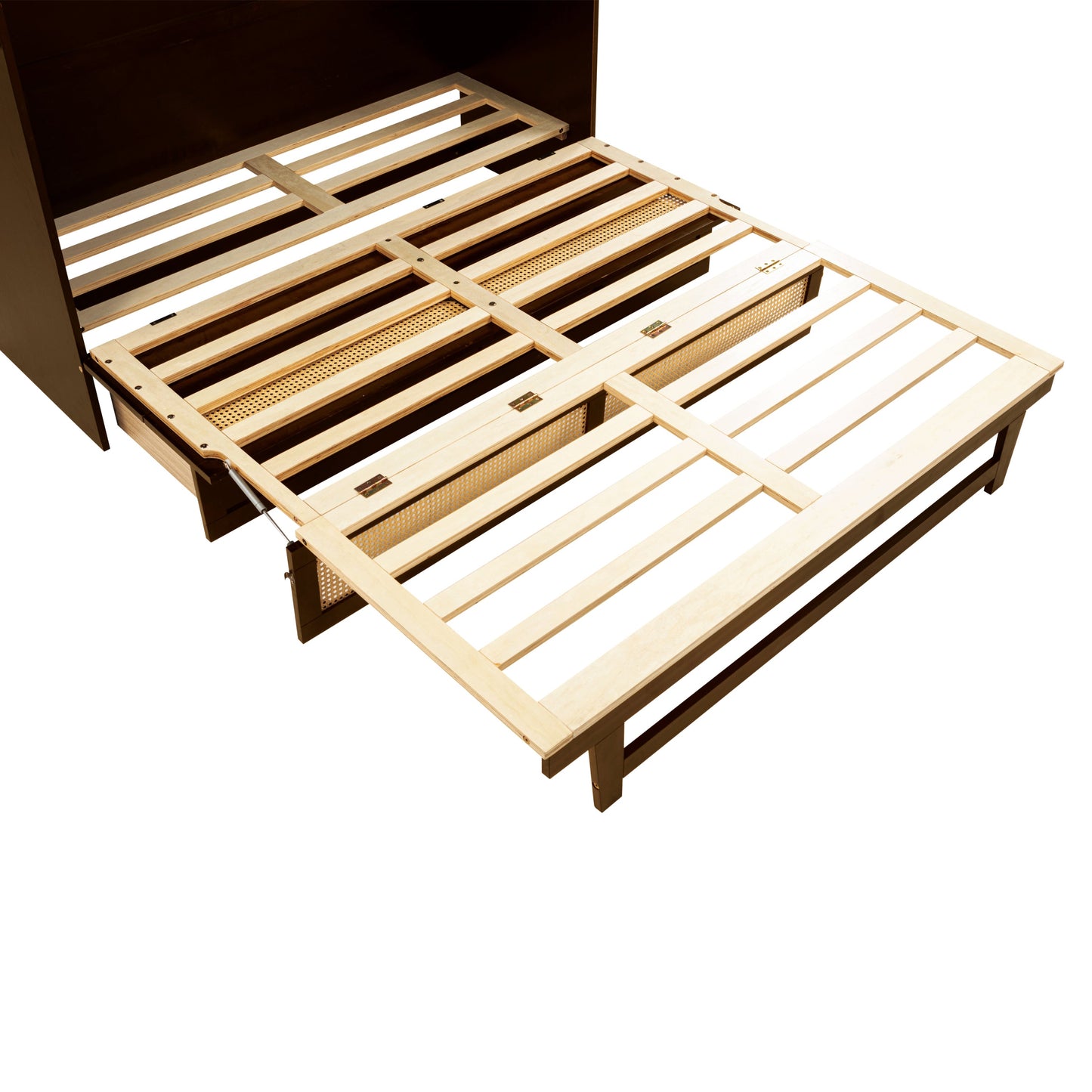Queen Size Murphy Bed, Pine Wood Cabinet Bed with Rattan Decoration and Storage Drawer,Walnut